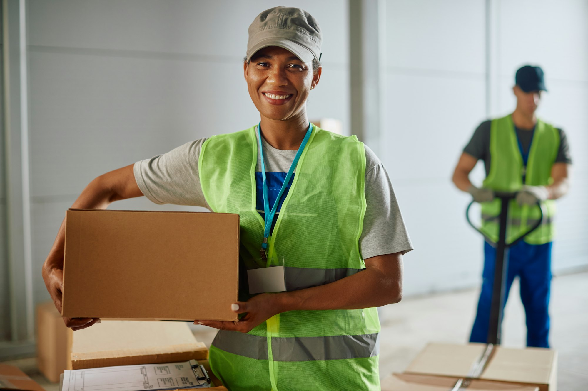 Happy black warehouse worker at distribution compartment looking at camera.