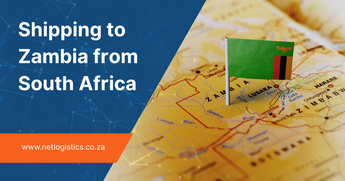 Shipping to Zambia from South Africa – map showing Lusaka and major trade routes across Southern Africa with Zambia flag marker.