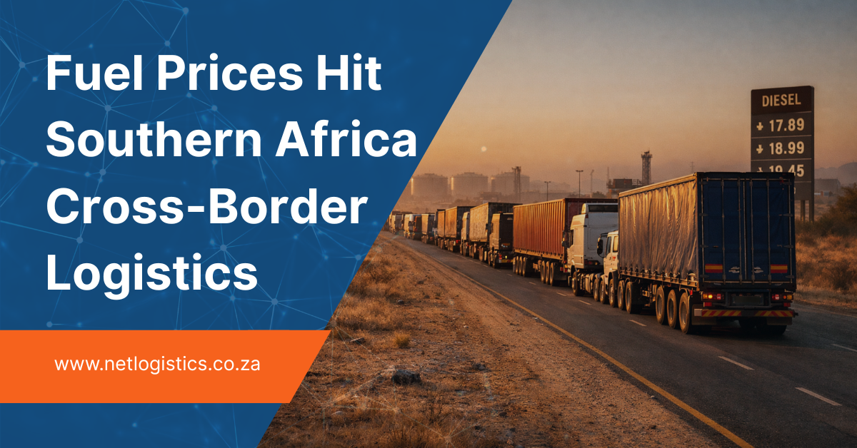 Fuel price increases impacting cross border logistics Southern Africa as freight trucks queue along a major regional transport corridor.