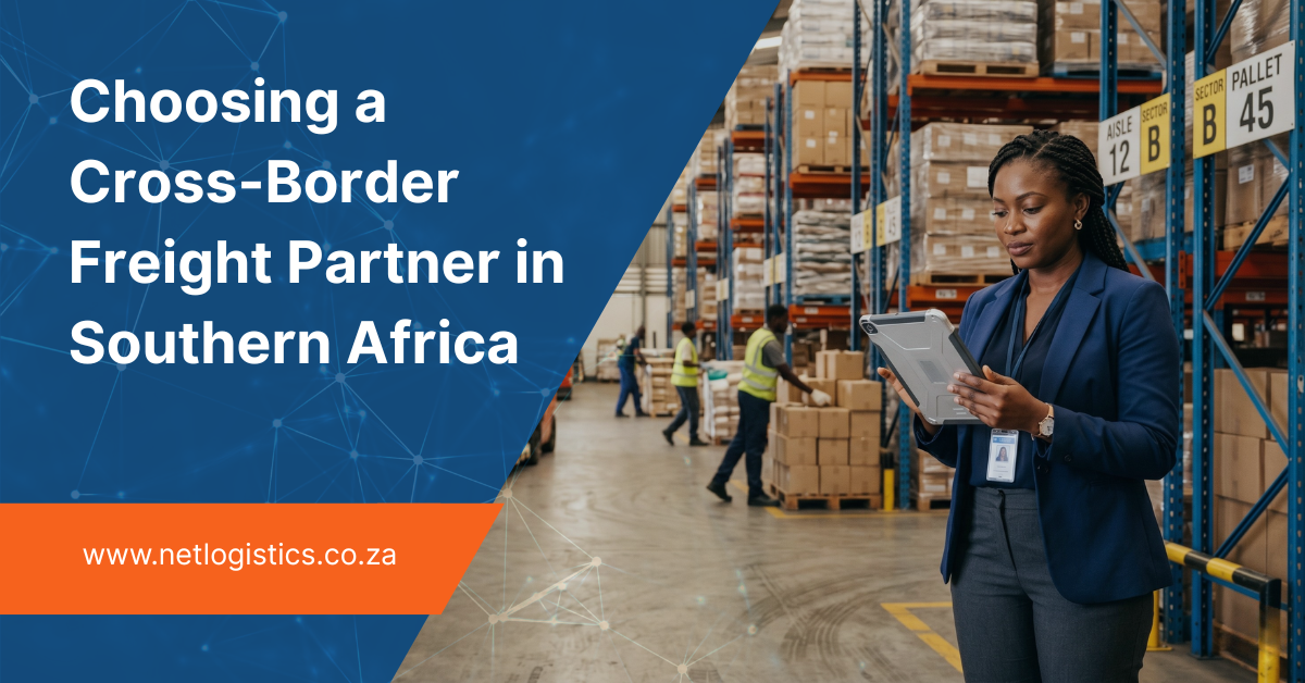 Procurement manager evaluating a cross-border freight partner in a Southern Africa logistics warehouse