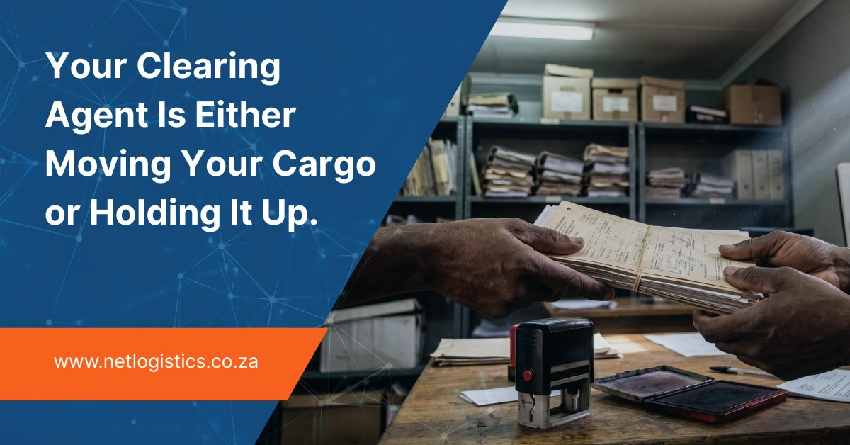 Licensed customs clearing agent processing import documentation at a border post office on the Zimbabwe and Zambia freight corridor.