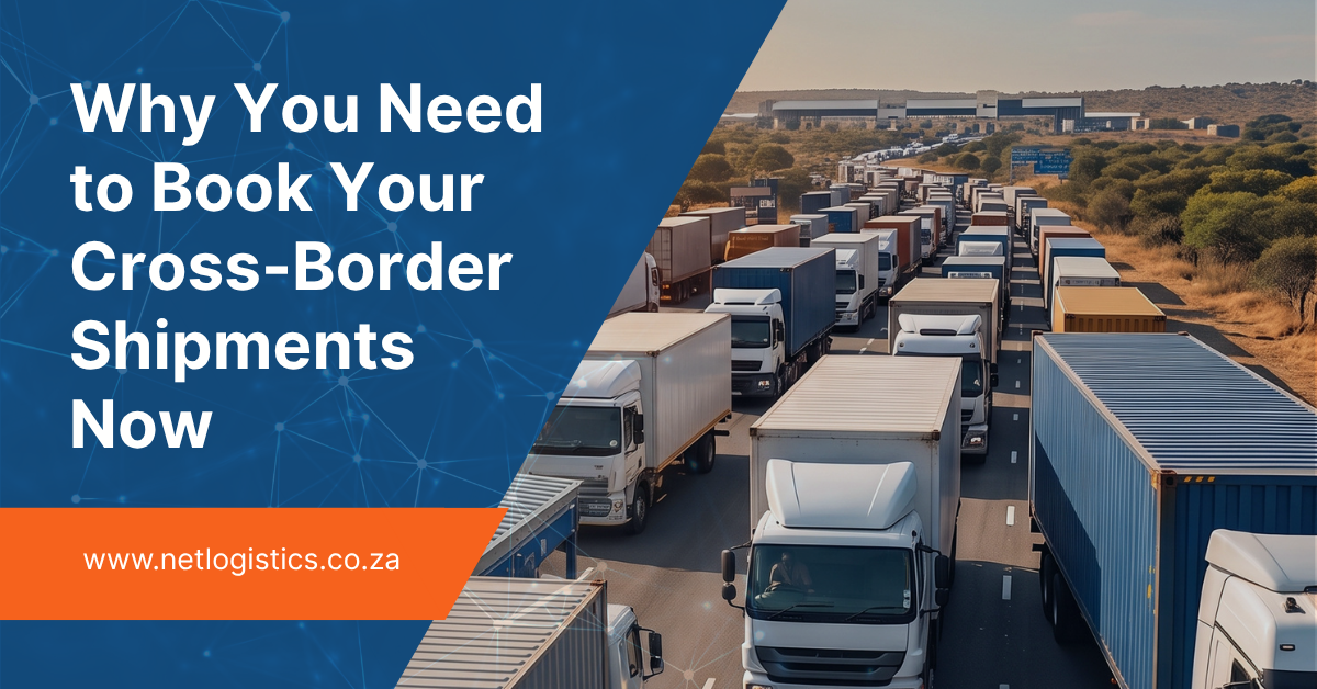 A split-screen photograph contrasting internal warehouse efficiency with external logistical bottlenecks. The left side shows a busy warehouse interior with workers and conveyor belts of packages, some labeled. The right side, looking out large bay doors, shows a massive gridlock of trucks and container trailers on a highway at sunset, stretching across a South African landscape towards a distant border or port facility. The split-screen emphasizes the operational and physical bottlenecks.