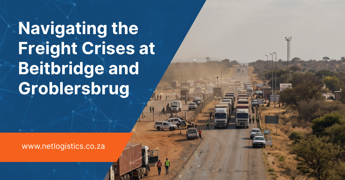 Long queue of stationary commercial freight trucks on a Southern African highway approaching a congested border control post during the Q4 logistics peak season.